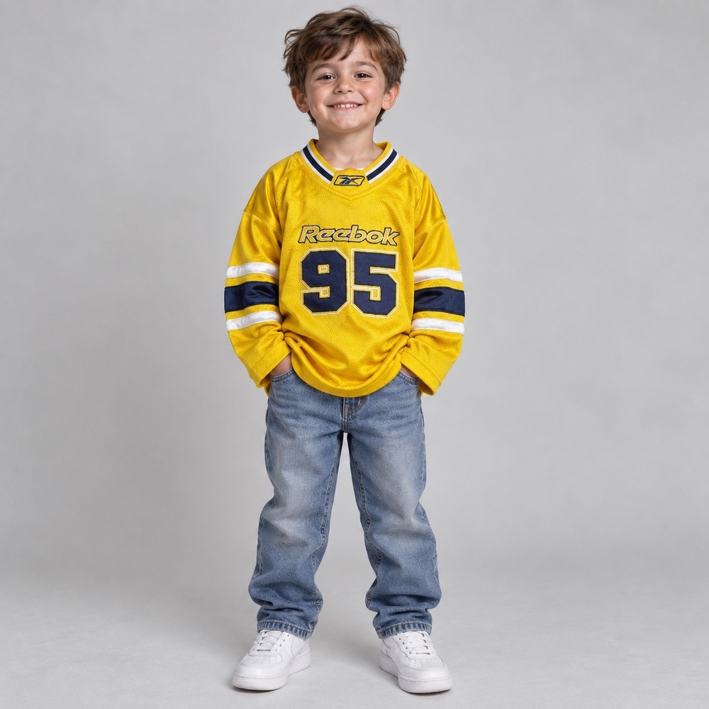 Vintage 90s Reebok Hockey Jersey Kids Size 5 Yellow V-Neck Mesh Long Sleeve 95